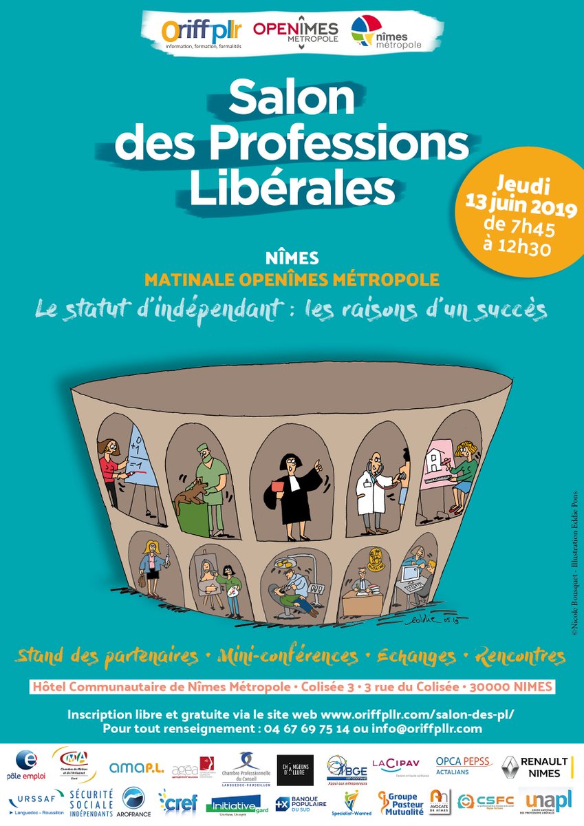 oriffmpl's tweet photo. L'affiche officielle du salon des Professions Libérales qui se déroulera le jeudi 13 juin à #Nîmes avec @openimes @NimesMetropole et nos partenaires @reseauarofrance @ageaFrance @renault_fr @cpc_lr @Poleemploi_oc @AMAPL_ @Changeonsdalur @la_cipav @actalians @urssaf @BGEGard https://t.co/i2aggNW3x4