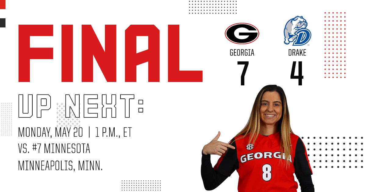 UGASoftball's tweet photo. Ring The Bell 🐶🔛🔝

The Bulldogs hold on to defeat Drake and advance to face #7 Minnesota in the Regional Final! 

Georgia must win twice in order to advance to the Super Regional. 

First pitch at 1 p.m., ET, on @ESPNU. 

#Team23 | #GoDawgs | #RoadtoWCWS https://t.co/S1TdXtleCT