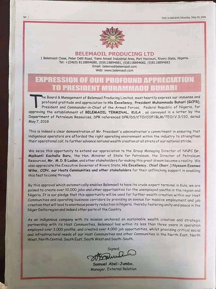 Akulga_'s tweet photo. CONGRATULATIONS 

ON BEHALF OF THE ENTIRE KALABARI KINGDOM, CONGRATULATIONS TO THE CEO BELEMAOIL PRODUCING LIMITED, ENGR. Jack-Rich Tein Jr. ON THE APPROVAL OF CRUDE OIL EXPORT TERMINAL BY THE PRESIDENT OF THE FEDERAL REPUBLIC OF NIGERIA, HIS EXCELLENCY, MUHAMMADU BUHARI, GCFR. https://t.co/JSTB47BtQe