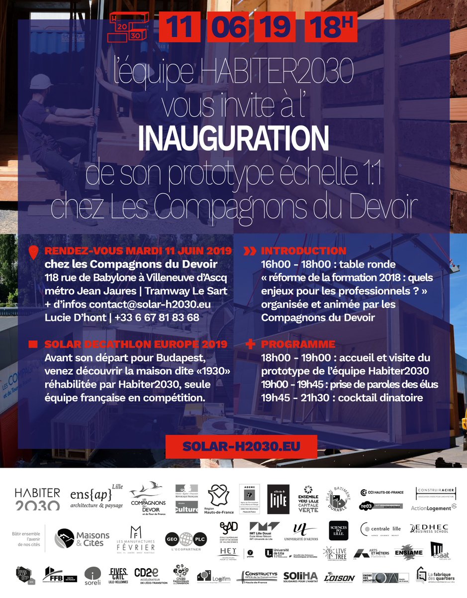 🏁 L’ÉQUIPE HABITER2030 INAUGURE SON PROTOTYPE AVANT LE GRAND DÉPART !
🔻MARDI 11 JUIN 2019 à 18h00 
🔻Introduction Table Ronde à 16h00
🔻Compagnons du Devoir de Villeneuve d’Ascq
👉 INSCRIPTIONS
Table Ronde : framadate.org/oF9SX8TGevps6r…
Inauguration : framadate.org/O5bQKAcMSSWwqW…