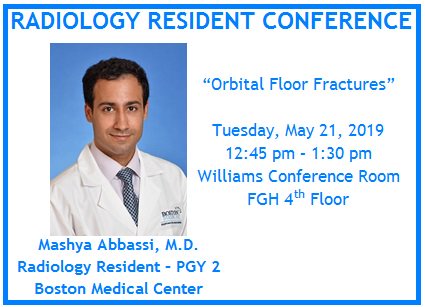 BURadiology's tweet photo. This week Radiology Resident Conference is being presented by Mashya Abbassi MD on "Orbital Floor Fractures".
#residentconference #radiology #BURadiology @The_BMC @BUMedicine https://t.co/wWh5uAknZk