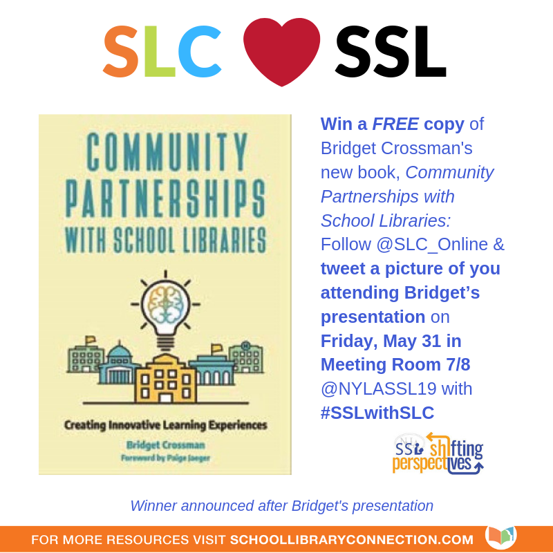 BloomsburyLU's tweet photo. We’re getting excited @nylassl2019 for #SSL19! @bcrossm85 is talking community partnerships 10:25 May 31 Meeting Room 7/8! Tweet a picture attending w/ #SSLwithSLC to win a copy of her amazing book. 
Check out her article w/ @LGLibraryLady: https://t.co/Q028XrnRLE #leadoutloud https://t.co/MaZPvIQwJN