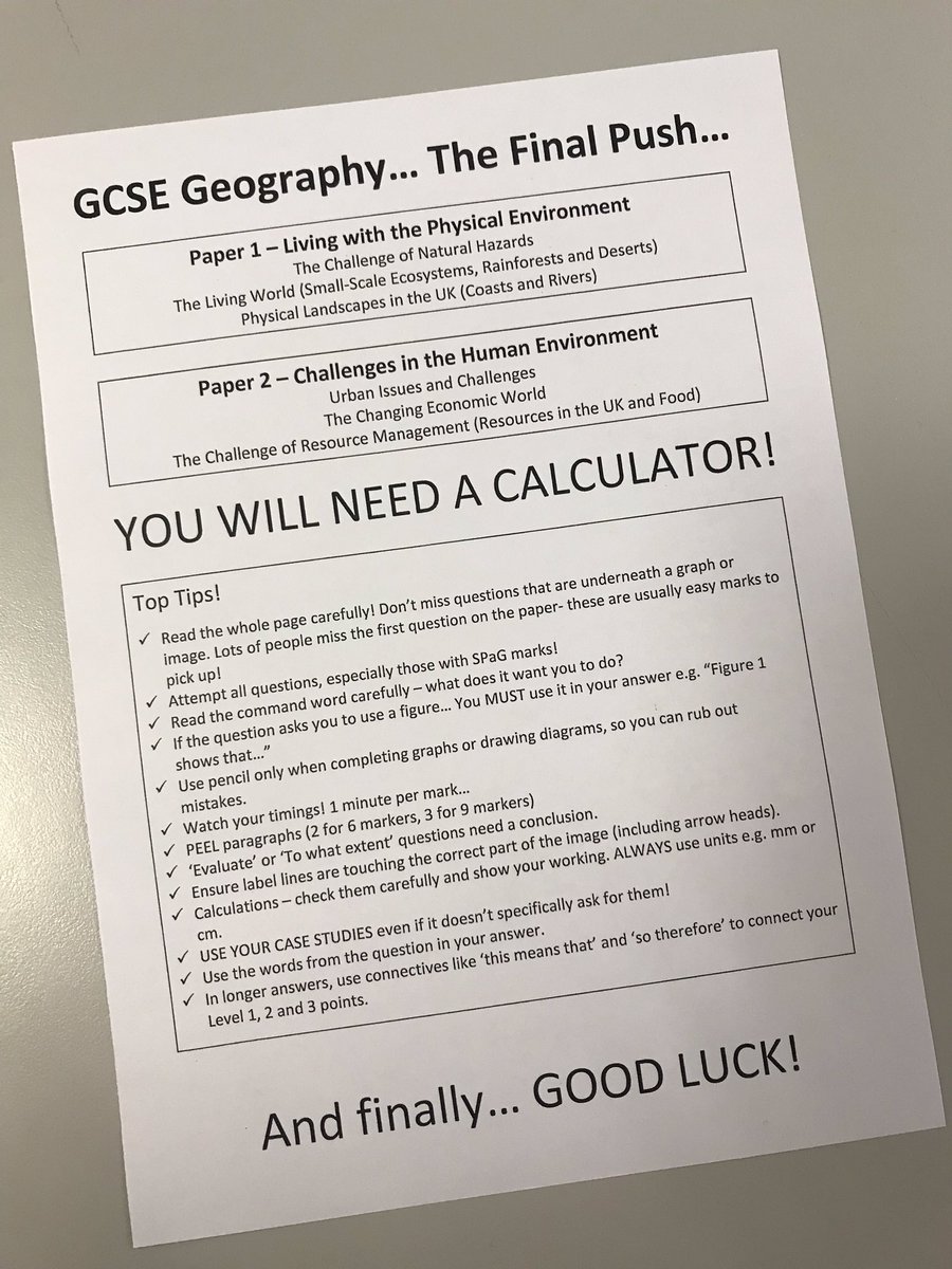 STMGeogGeol's tweet photo. Year 11 Geography students sit their Paper 1 Physical Geography exam tomorrow afternoon. Good luck! You have all worked extremely hard over the last 3 years- it is now time to show the examiner what you know. Some final hints... #aqagcsegeography https://t.co/OANQ4zGBWW