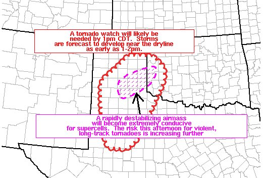 The <a href="/NWSSPC/">NWS Storm Prediction Center</a> is monitoring a rapidly destabilizing atmosphere and will issue a tornado watch within the next several hours. We believe it will likely be a PDS watch (Particularly Dangerous Situation) meaning there is a high probability of violent storms. Stay weather aware today!