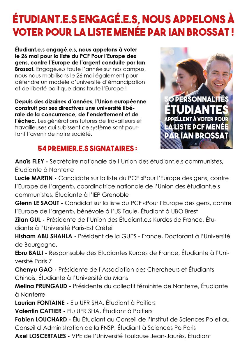 UEC_org's tweet photo. 🔴 APPEL ÉTUDIANT À VOTER POUR LA LISTE MENÉE PAR IAN BROSSAT 📩

Plus de 50 étudiant.e.s engagé.e.s appellent à voter pour la liste du PCF menée par Ian Brossat le 26 mai ! Ce ne sont que les premier.e.s ⬇⬇
https://t.co/uNZTGYyszt

Likez 👍 Partagez ↩ #AvecBrossat #PCF https://t.co/pBFc3IJFAE