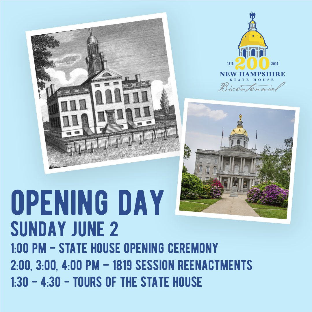 You’re invited to be part of history – join us for the official 200th anniversary of New Hampshire’s State House on Sunday, June 2nd. Sunday serves as the kick-off of a week-long Bicentennial Celebration. Check our website for a detailed schedule nhstatehouse200.com.
