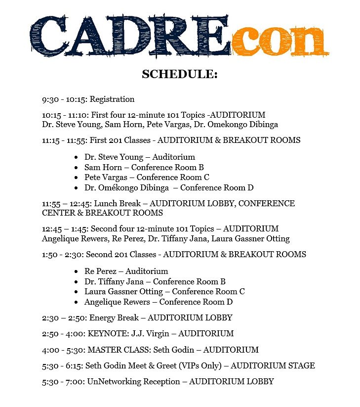 melanietc's tweet image. #CADREcon is off to a great start! Schedule attached. No small talk lunches starting now! #connection #UnNetworking @cadredc