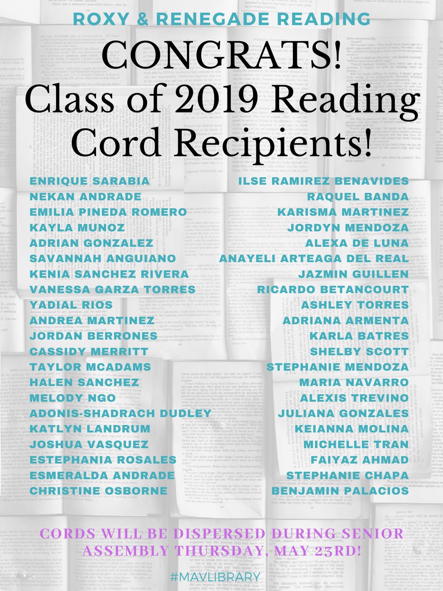 mavlibrary's tweet photo. CONGRATS TO THE FOLLOWING SENIORS FOR REACHING THEIR ROXY &amp; RENEGADE READING GOAL!

Seniors that qualify for a reading cord will be recognized at the Senior Assembly this Thursday, May 23rd!

#mavlibrary #mavsREAD #pisdREADS #pisdReadSquared #readsquared #roxyandrenegadereading https://t.co/X2i69zg2zd