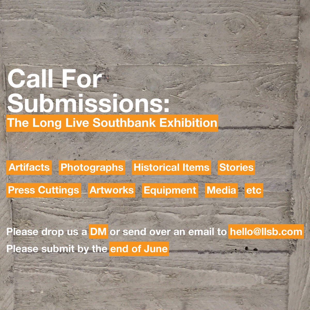 Deadline for submissions: 
June 25th, 2019

Contact email: 
hello@llsb.com 

Looking for: Artefacts, memorabilia, photography, artwork, footage, recordings etc

Please get in touch!