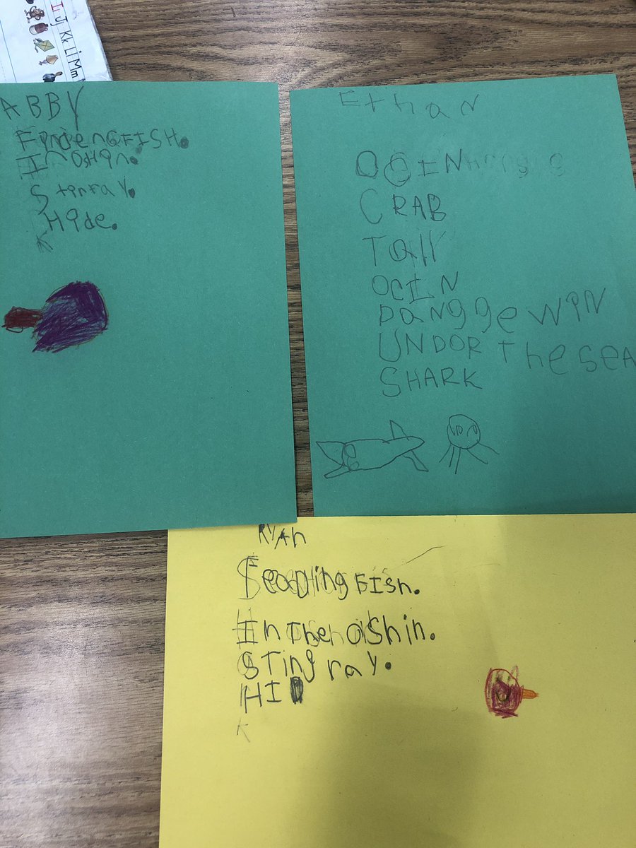 Kindergartners attempting to write an acrostic poem of an ocean animal from the book Commotion in the Ocean. They did a 👍🏽! <a href="/neetneet1976/">Benita Arrington</a>