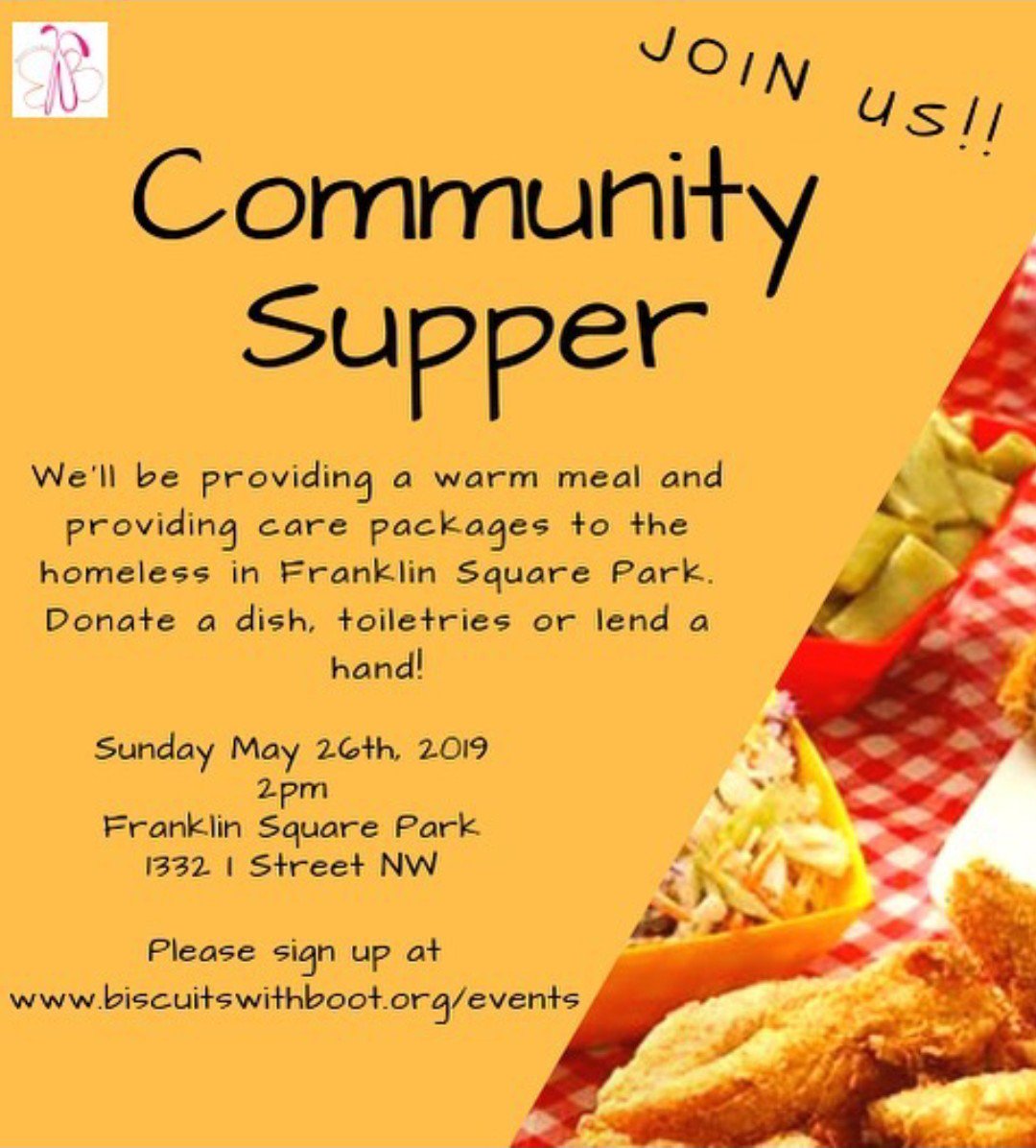 Support @BiscuitsWBoots & @chicdivageek at their #CommunitySupper in the park on Sunday, May 26, 2019, 2 p.m. Freely give of your time, toiletries and, or, a delicious dish for the homeless. See flyer 👇🏼 #CommunityDay #WashingtonDC #homelessness #chefs #restaurants #giveback