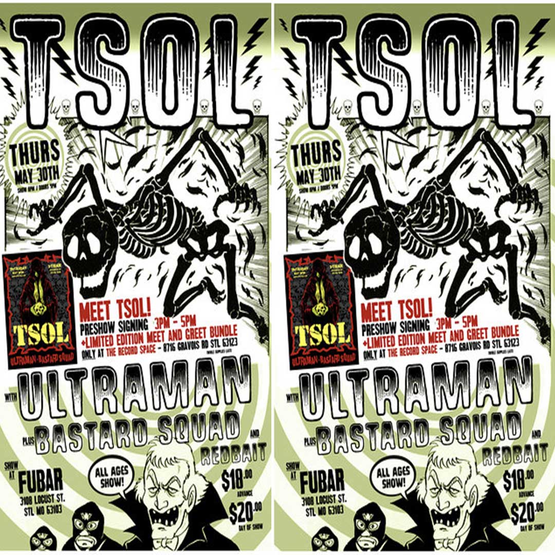 Meet T.S.O.L in person on May 30th from 1-6 pm at The Record Space with drinks provided by Alpha Brewing and DJ Damaged Don spinning classic punk! Then see TSOL, Ultraman, Bastard Squad and Redbait live at Fubar, Doors, tickets $18/20. Don't miss it!! <a href="/record_space/">The Record Space</a> #sponsored