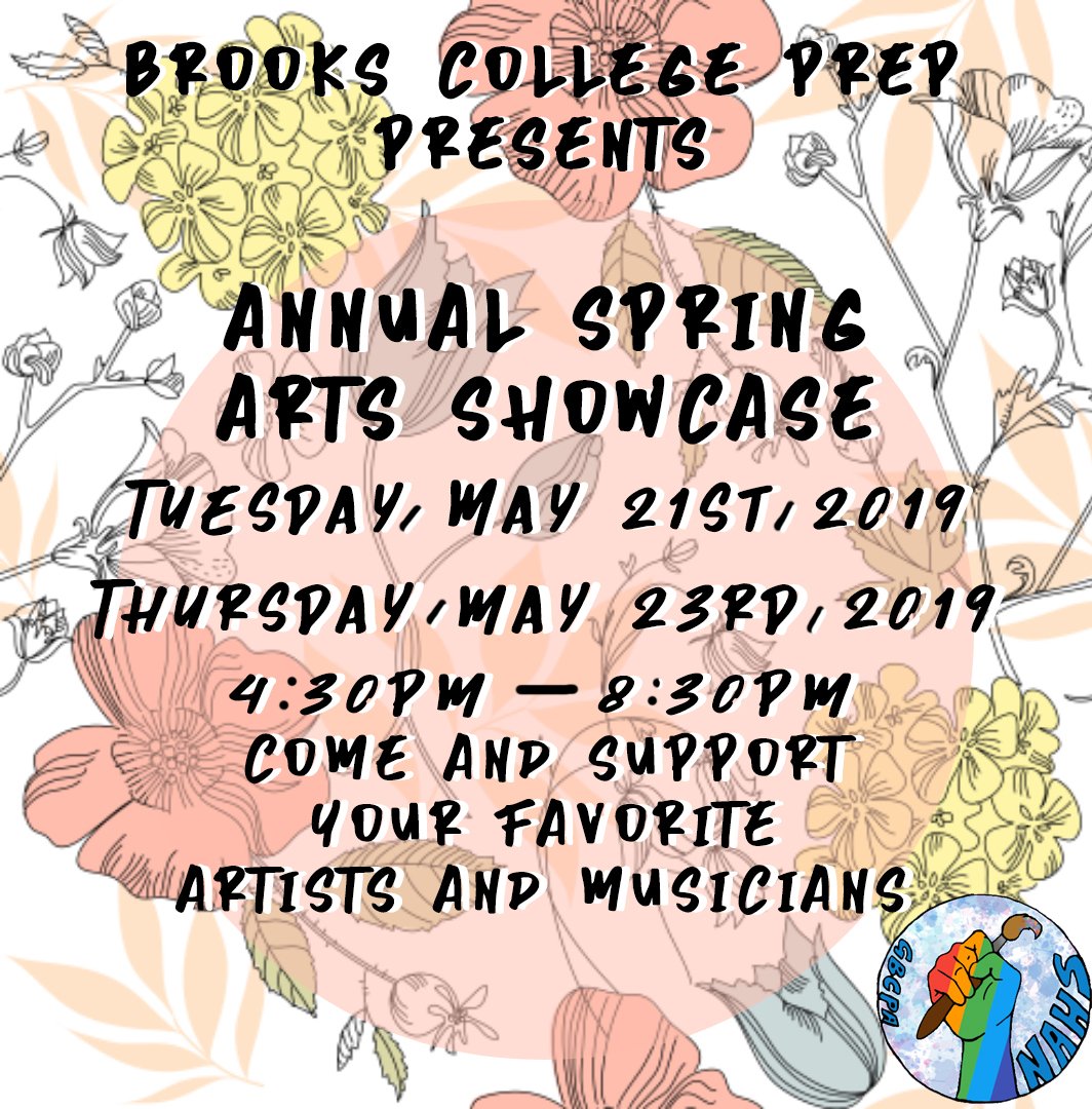 BrooksNahs's tweet photo. Today is a big week at Brooks! The Annual Spring Arts Showcase will take place:
- Tuesday, May 21st 
- Thursday, May 23rd
The showcase will run from 4:30pm - 8:00pm, with the exception of Thursday, which will run up to 8:30pm.
Come and support your favorite artists and musicians! https://t.co/0l6INOku1P