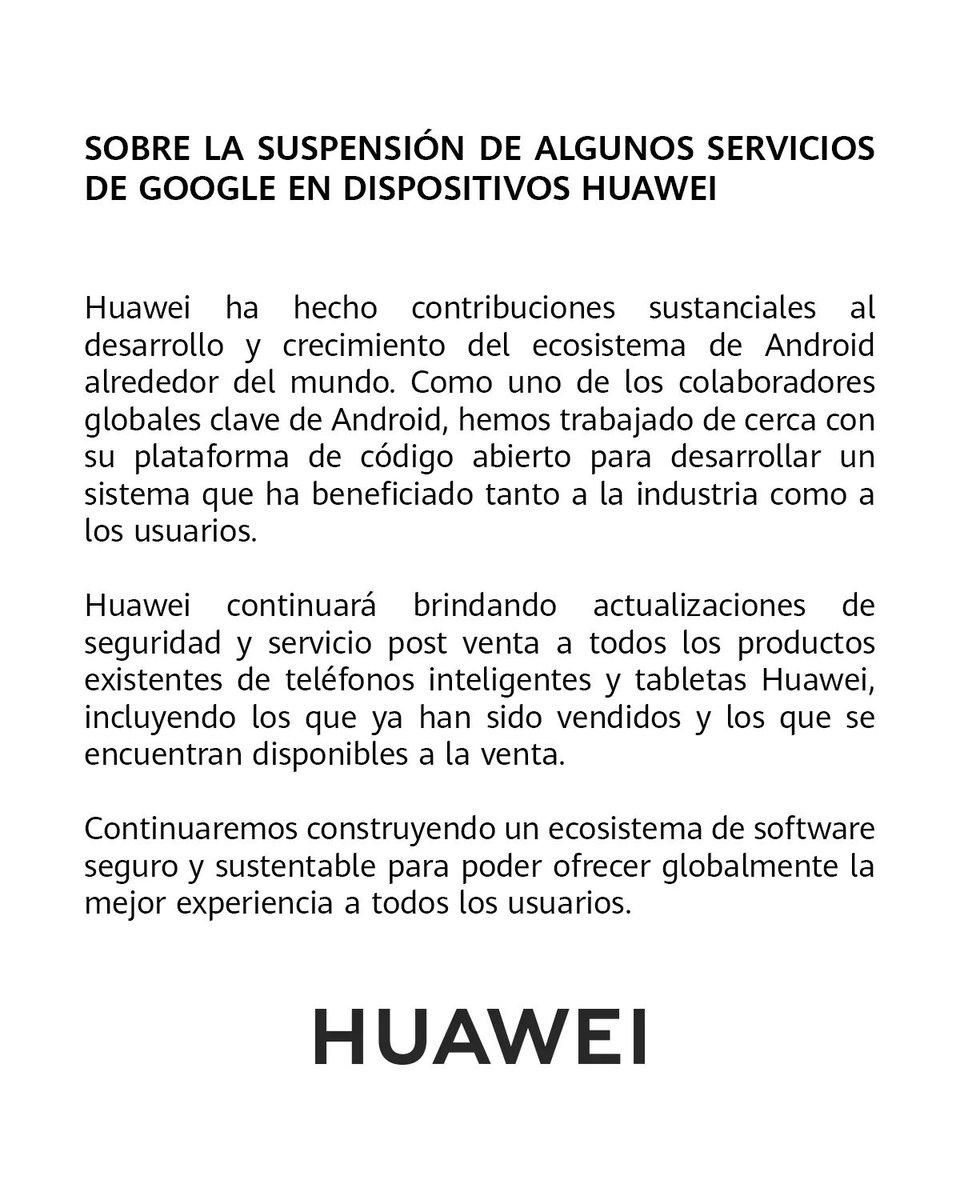 SEINTI_'s tweet photo. Comunicado oficial de Huawei para usuarios de sus dispositivos en México. @HuaweiMobileMx 

#Huawei #Google #ComunicadoOficial #SEINTI https://t.co/SP9WcyqXGX