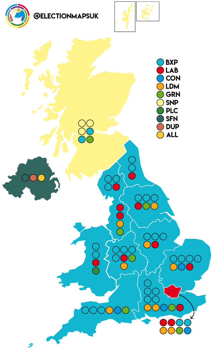 Election Maps UK on Twitter: "Seat Projection: BXP: 33 (+33) LAB: 12 (-8)  LDM: 10 (+9) GRN: 7 (+4) CON: 4 (-15) SNP: 3 (+1) PLC: 1 (=) UKIP: 0 (-24)  Changes w/ 2014.… https://t.co/5zSZ2sarQ7"