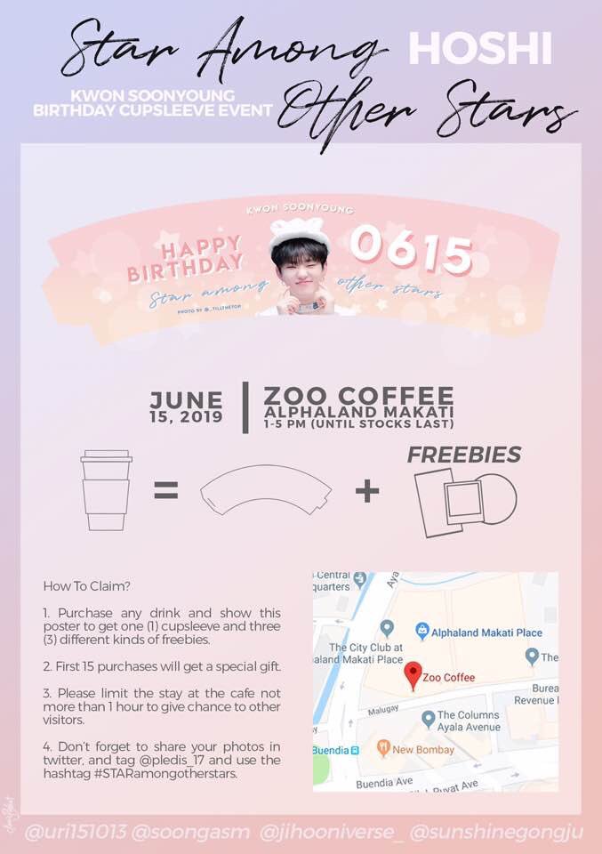 cupsleeventsph's tweet photo. ·𝐒𝐓𝐀𝐑 𝐀𝐦𝐨𝐧𝐠 𝐎𝐭𝐡𝐞𝐫 𝐒𝐭𝐚𝐫𝐬·
A Kwon Soonyoung Birthday Cupsleeve Event

📅 June 15, 2019
⏱ 1-5 PM (Until stocks last)
📍 Zoo Coffee, Alphaland, Makati

photo courtesy of : @_tillthetop

#HOSHI #호시 #STARamongotherstars @pledis_17 https://t.co/cF8XAyESpH