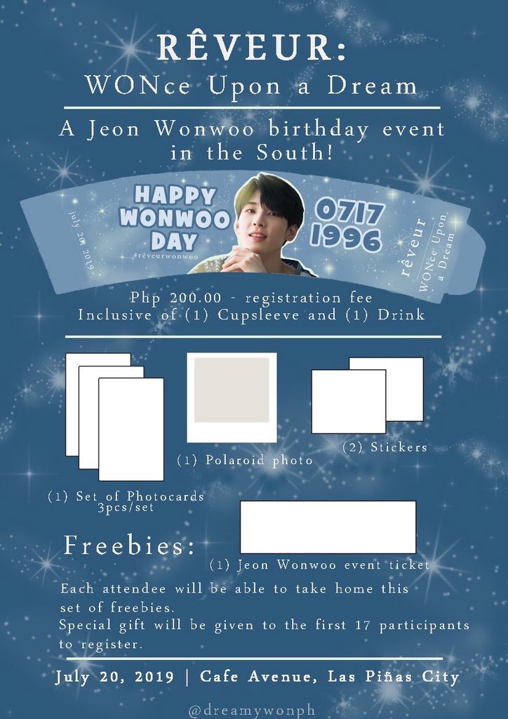 cupsleeventsph's tweet photo. RÊVEUR: WONce Upon A Dream ✨

A Jeon Wonwoo cupsleeve event in the South!

July 20, 2019 | Cafe Avenue, Las Piñas

#RêveurWonwoo #WONceUponADream

https://t.co/1sN7SxIbbY https://t.co/FPLJJqXHE7