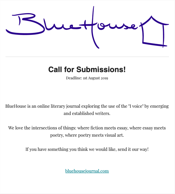 bluehouselit's tweet photo. https://t.co/89glHDRQqk

#bluehousejournal #submissions #poetry #concretepoetry #artessay #experimentalessay #creativenonfiction #literaryjournal #litmag #creativewriting https://t.co/TppIomB4Nb