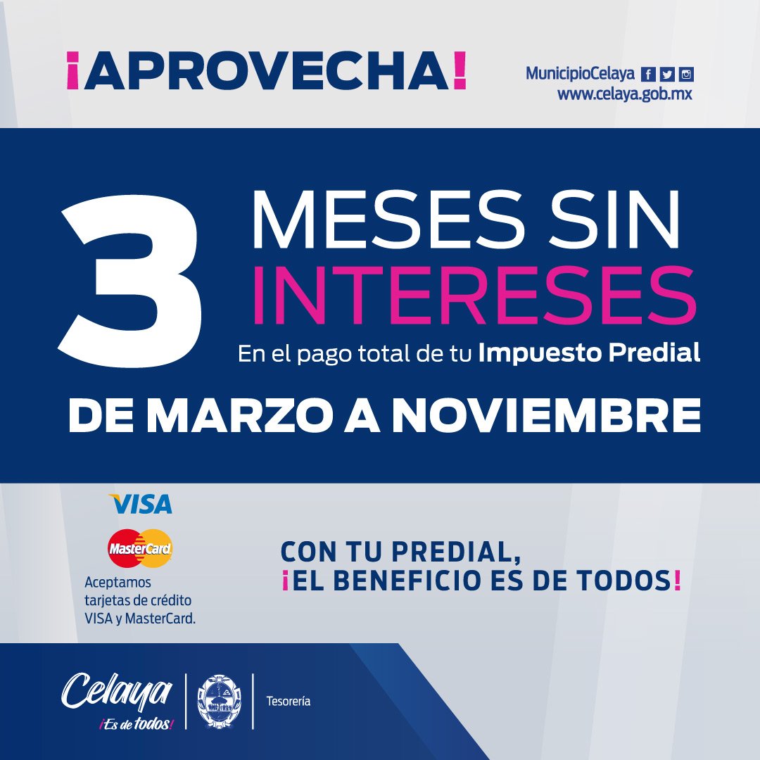 municipiocelaya's tweet photo. La ciudad que queremos la hacemos posible todos.
Aprovecha esta promoción en el pago total de tu contribución para este año.
Con tu predial ¡El beneficio es de todos!
#CelayaEsDeTodos #Predial2019 #PredialCelaya https://t.co/OdviwB4Wm3