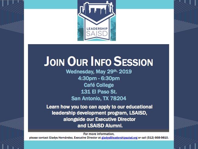 We are recruiting for the LSAISD Class of 2020! Join our upcoming LSAISD Info Session to learn more about our educational leadership development program preparing community members to meaningfully impact San Antonio's educational landscape. RSVP here: docs.google.com/forms/d/e/1FAI…