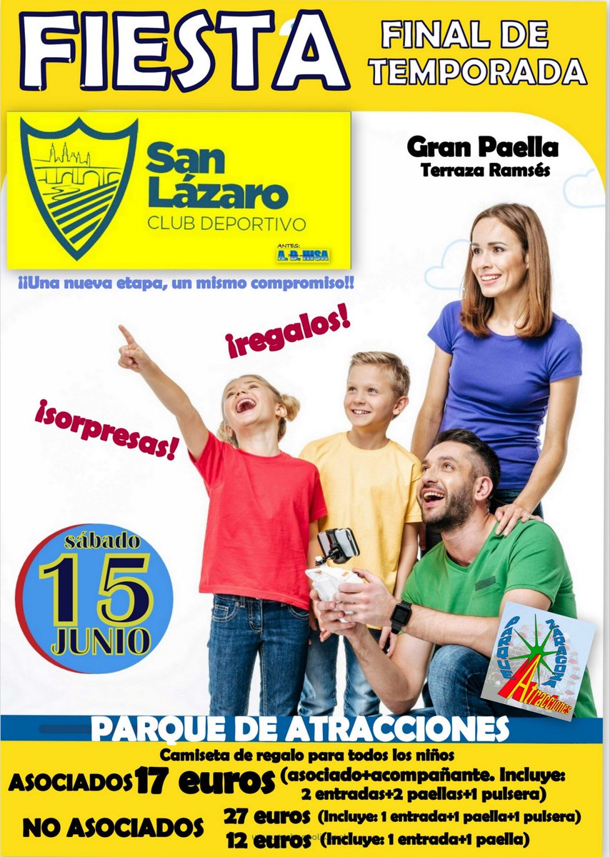 cdsanlazaro's tweet photo. FIESTA FINAL DE TEMPORADA, EN EL PARQUE DE ATRACCIONES. El sábado 15 de junio tenéis una cita en el @Atraczara La gran familia amarilla nos reunimos, un año más, para despedir la temporada a lo grande. La diversión está garantizada! Habrá sorpresas y muchos regalos!! https://t.co/YathUV82R2