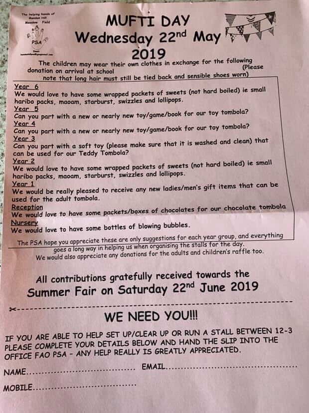 BhPsa's tweet photo. Mufti day on Wednesday, children can wear their own clothes in exchange for donations to the summer fair! No football kits. #summerfair #midweekmufti #haveaclearout https://t.co/JyhnkXFyv3
