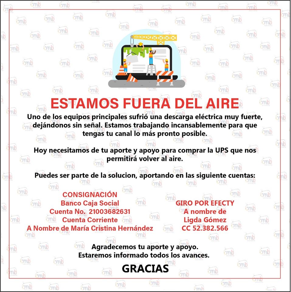 CMB_tv's tweet photo. Continuamos trabajando para restablecer la señal en tu hogar.
Necesitamos de tu apoyo, para seguir emitiendo nuestra señal. 
#YoAmoCmbTv https://t.co/uitwrGSv9z