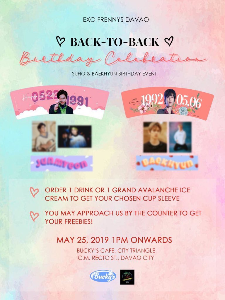 cupsleeventsph's tweet photo. 📢DAVAO! Join us for a Back-to-Back Birthday Celebration this Saturday, May 25 at Bucky’s!

✨Baekhyun Birthday Cupsleeve Event
✨Suho Birthday Cupsleeve Event (with @myeonandonlyph) 

https://t.co/XtDympqRv0 https://t.co/zTyshozeqy