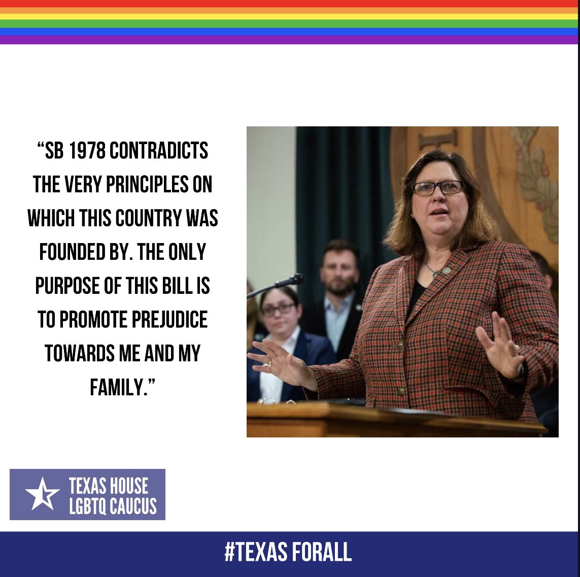 txlgbtqcaucus's tweet photo. NOW: Founding Member @juliejohnsonTX delivers a moving and powerful speech in opposition to SB 1978. #TexasForAll #txlege https://t.co/JPkeuOFYeI