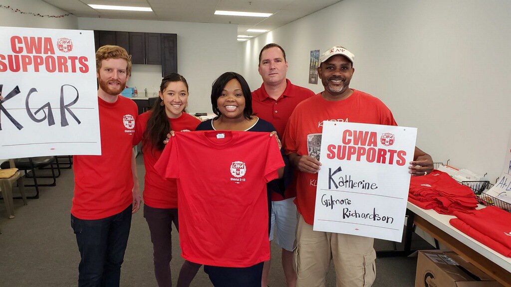 CWADistrict213's tweet photo. District 2-13 members &amp; family were joined by @Kathy_Gilmore this weekend before canvassing for her #Philly At-Large City Council candidacy! On May 21, we're supporting candidates who fight for working people! #CWAStrong https://t.co/z6vARlJzgY