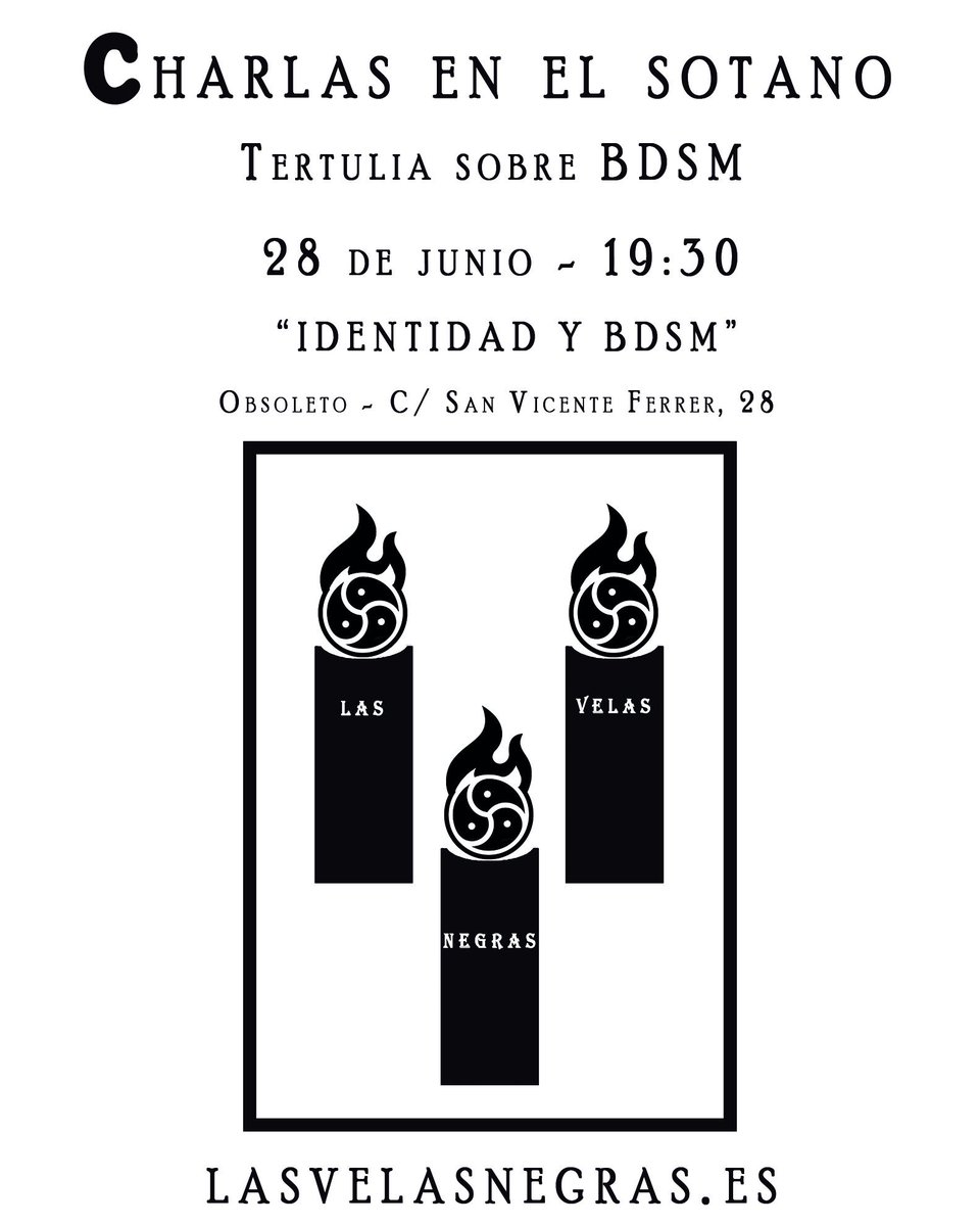 lasvelasnegras's tweet photo. El 28 de junio a las 19:30 tenemos nuestra próxima tertulia en el Obsoleto, en C/Vicente Ferrer 28.
Hablaremos de identidad: ¿El BDSM es algo que hacemos o algo que somos? ¿Es parte de como nos definimos? ¿Es algo que se puede escoger? 
Os esperamos https://t.co/v1riJ4MdJf