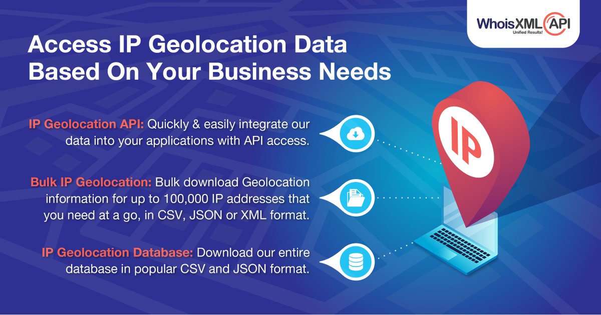 whoisxmlapi's tweet image. Get the most exhaustive &amp;amp; accurate Geolocation data of IP addresses. Our database covers 99.05% IP addresses in use for both IPv4 and IPv6 address including 340K unique locations in 120K+ towns and cities around the globe! geoipify.whoisxmlapi.com
#IPGeolocation #IPData