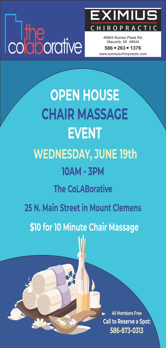THECoLAB_Clem's tweet photo. The @THECoLAB_Clem is hosting a chair massage event on June 19th from 10AM - 3PM.  All massages are only $10.  Limited spots available.  Please call 586-873-0313 to schedule a spot. https://t.co/FVvvn473RM