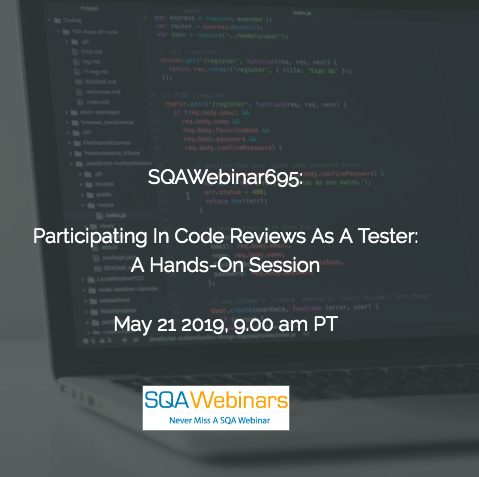 sqawebinars's tweet photo. 21 Hours countdown
Participating In #Code Reviews As A #Tester: A Hands-On Session
#SQAWebinars21May2019 #TestCraft
URL https://t.co/7qYjscp69m
#SQAWebinars #SQAWebinars695 https://t.co/6IPb21uIWP