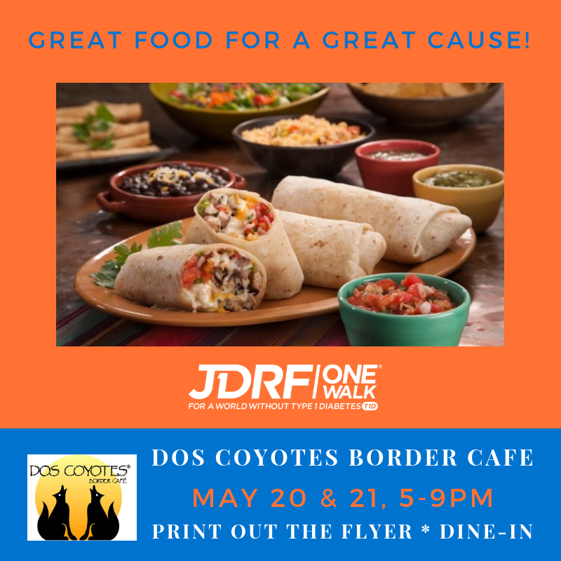 Invite your #JDRFOneWalk teammates, family, friends, JDRF supporters to dine-in at Dos Coyotes TONIGHT Mon. 5/20 or TOMORROW Tues. 5/21 between 5:00-9:00PM! 20% of your bill donated to #JDRF. You must print and present the flyer available here: jdrf.org/norcal/2019/05…