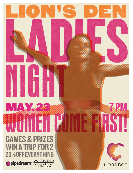 thelionsden's tweet photo. Join us 5/23/19 for Ladies Night! 🏝️ ✈️ Enter to WIN a #vacation #trip for two - 20% OFF everything in the store - #Games, #Prizes, and More! For details visit: https://t.co/G7f8ia4nda | Powered by @pipedreamtoys and @WickedSensual 💖#ladiesnight #womencomefirst #lionsden https://t.co/OgJ3f2cmoX