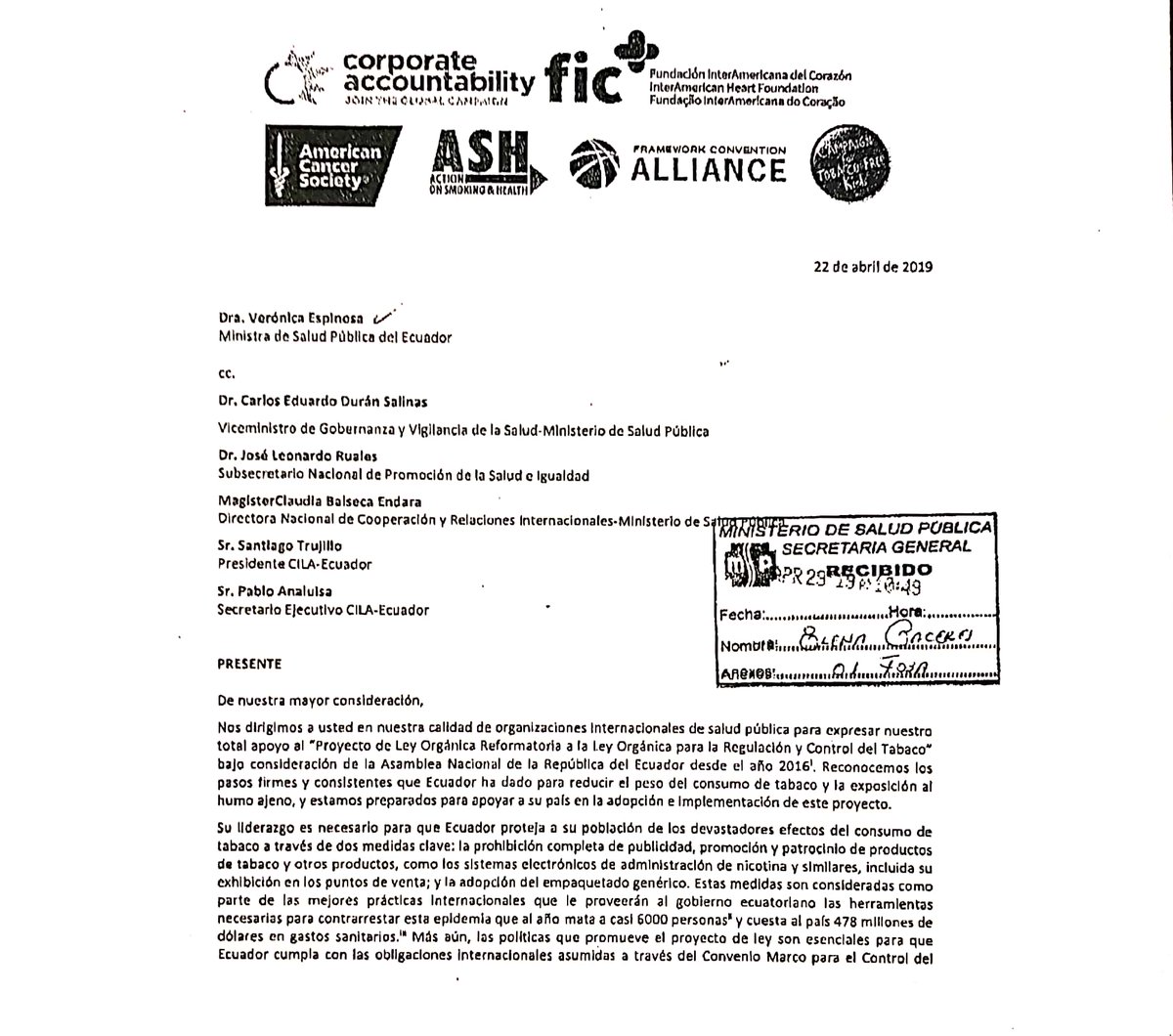 drwilliamgarzon's tweet photo. La comunidad internacional de #salud apoya la aprobación de la Ley Orgánica para Regulación y Control del #Tabaco. El #CódigoDeSalud introduce la Disposición Reformatoria Novena a este Proyecto de Ley. #AprobacionCódigoSalud #SaludParaTodos #VamosAprevenir #TabacoOsalud #Ecuador https://t.co/XVY0UvKy1o