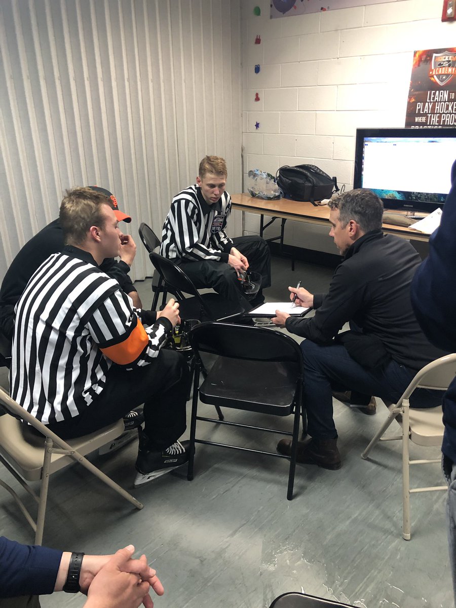 aahaofficiating's tweet photo. This weekend at the @AtlanticDistr  U15,16&amp;17 tryouts officials were supervised by our development staff. Pictured is #nhl official Ian Walsh giving feedback to officials after a video review of their game. @USAHOfficiating https://t.co/o21xu1ZqJc