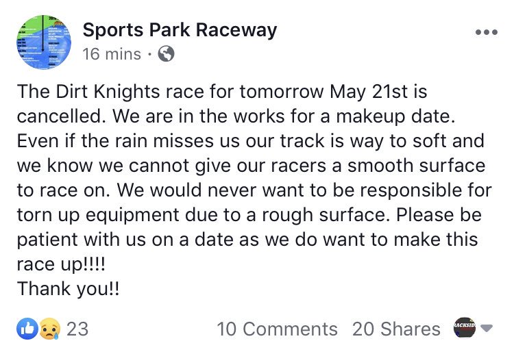 Sports Park Raceway has cancelled tomorrow nights Dirt Knights Tour Race
