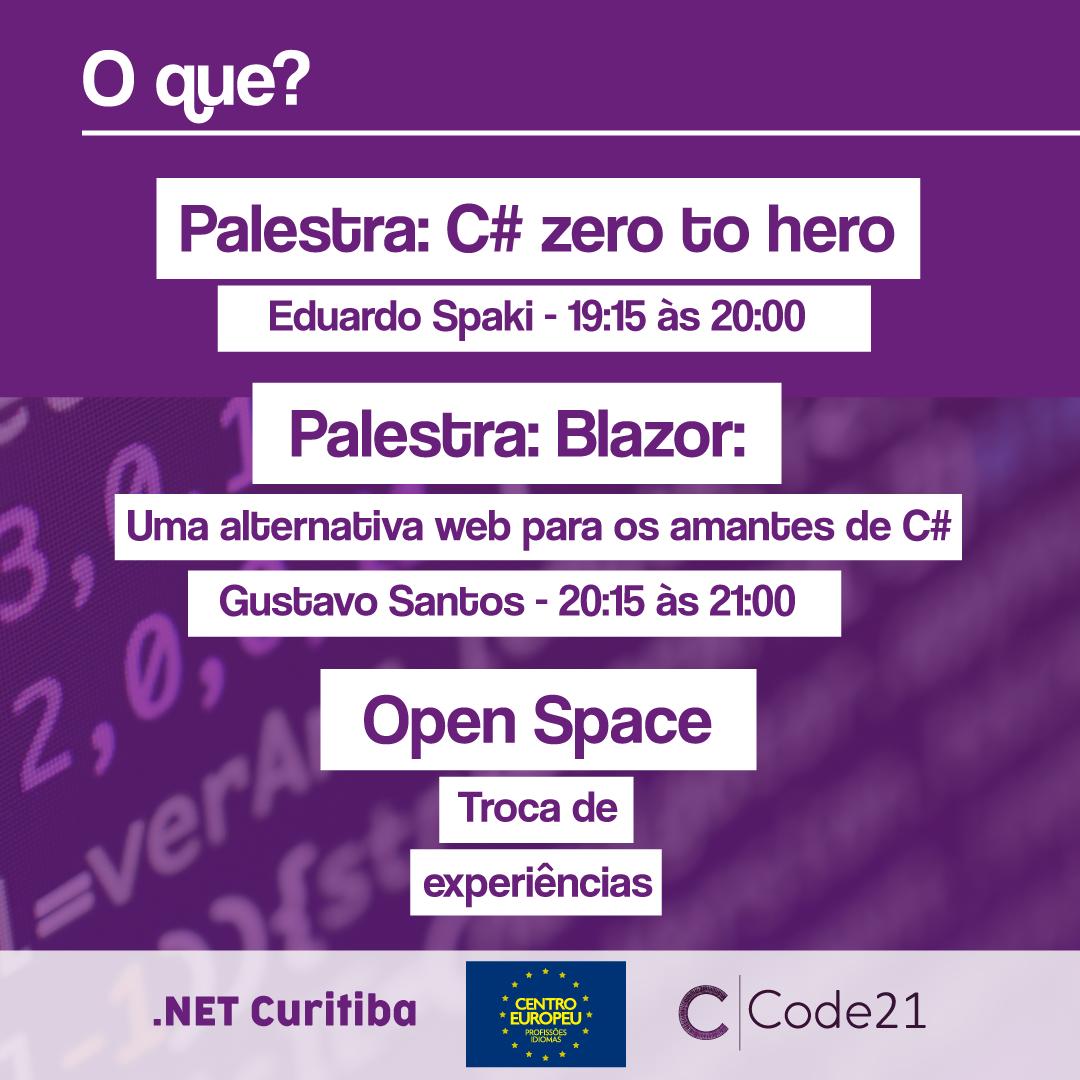 CuritibaTI's tweet photo. Que tal aumentar as suas skills técnicas em produtos Microsoft? No dia 30/05 vai acontecer o 1º Meetup do Grupo .NET Curitiba 🤩 Então já sabe né? Reserve a agenda e já garanta a sua vaga: https://t.co/Wa0OrdP2QC

#meetup #netcuritiba #blazor https://t.co/ZJ0ySY9mYW