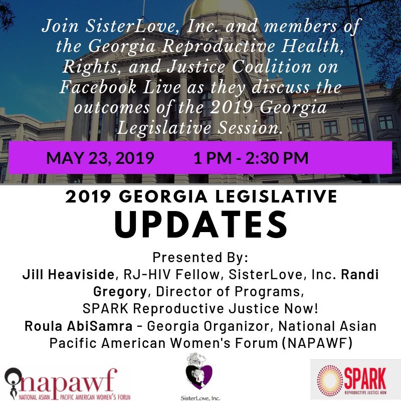 SisterLoveInc's tweet image. Looking for ways to support the local GA #reprojustice community? Donate today: ow.ly/spo550udRtS  and join our FB live chat Thurs. at 1PM EST. for additional GA Leg. Updates. #gapol #RJAllDay