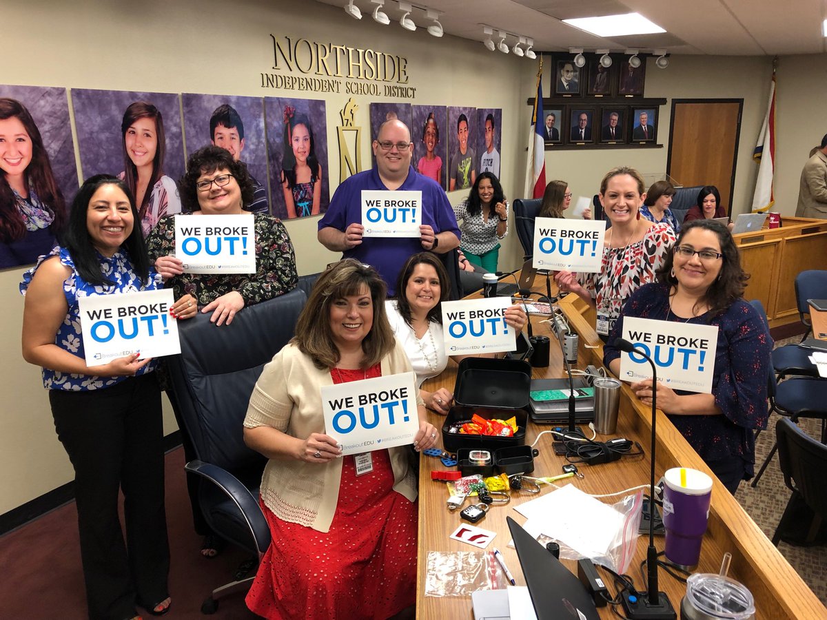 yarbermarkAC's tweet photo. #nisdspeced representing at Elementary C&amp;I this morning.  Our group broke out 1st with the help of all in the group.  ⁦@breakoutEDU⁩ https://t.co/ZhafeVd8r6
