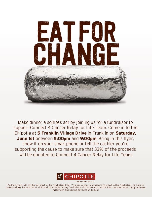 Head down to Chipotle on June 1 to support our Relay for Life Team! Proceeds go to a spectacular cause(:   Pls help us spread the word!