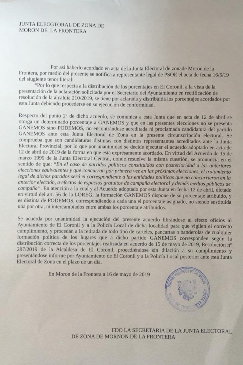 Adjuntamos el acuerdo de la Junta Electoral de Moron y os animamos a leerla.
 Las leyes hay que cumplirlas para jugar todos dentro del mismo marco legislativo.  La sentencia es de Junta Electoral,  no nuestra., <a href="/abcdesevilla/">ABC de Sevilla</a> <a href="/europapress/">Europa Press</a> <a href="/larazon_es/">La Razón</a> @elCorreoWeb