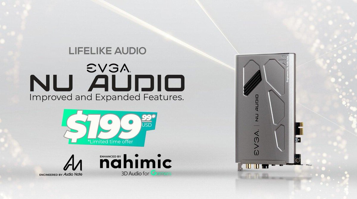 TEAMEVGA's tweet image. Save up to $50 off on a new purchase of the EVGA NU Audio Card for a limited time!  

EVGA NU Audio now enhanced by @NahimicG 3D Audio for Gamers!  #LifeLikeAudio #LifeLikeGaming

Learn more and purchase one today!: evga.com/articles/01281…