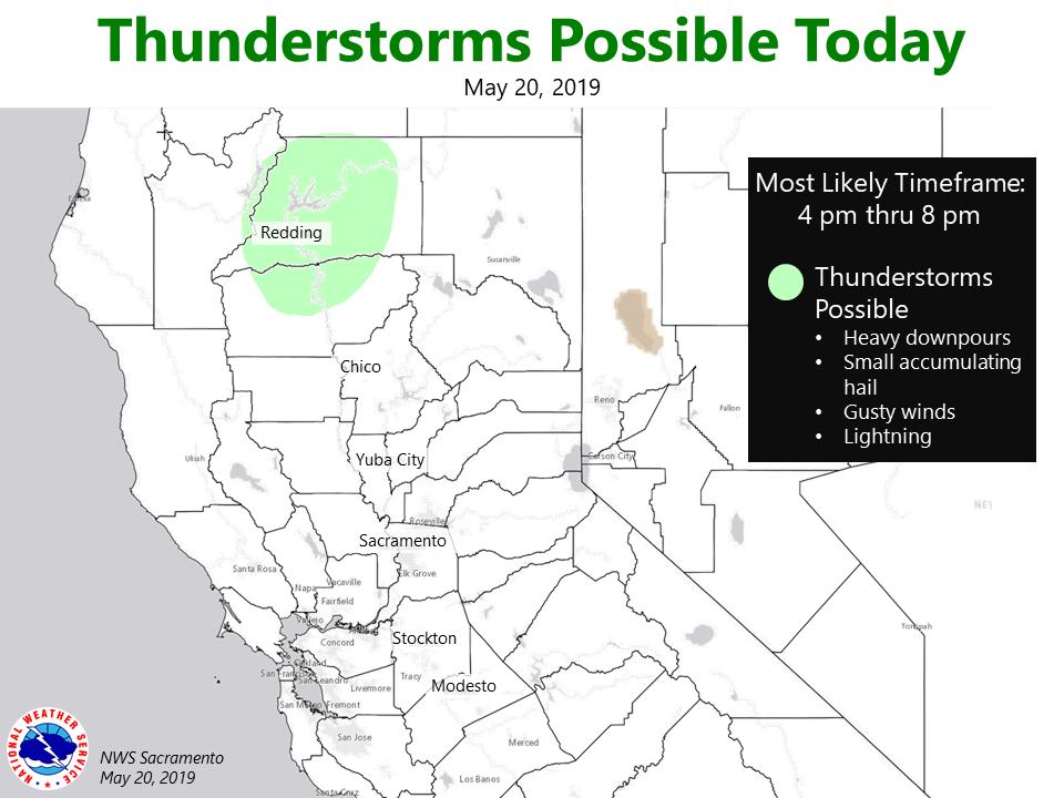 Thunderstorms are possible in Shasta &amp; Tehama counties late this afternoon &amp; evening. Heavy rain, small hail, &amp; gusty winds possible with any storms. There's a higher chance of thunderstorms tomorrow across the Valley &amp; foothills. #CAwx