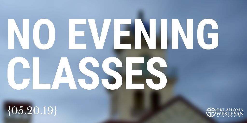 OKWUWeather's tweet photo. OKWU Adult &amp; Graduate classes in Bartlesville, Tulsa, and Coffeyville, KS are canceled Monday night (5.20.19) due to severe weather and the potential for flooding. https://t.co/XjGuMIJ6aW