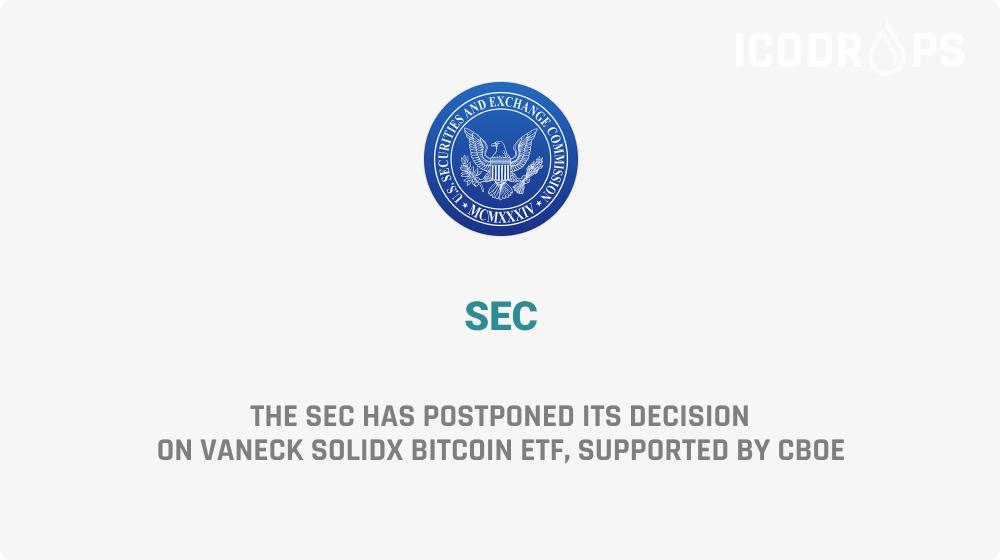 ICODrops's tweet photo. The SEC has postponed its decision on VanEck SolidX Bitcoin ETF.

https://t.co/3sVMuoHZ4s https://t.co/xYVBCtuSkT