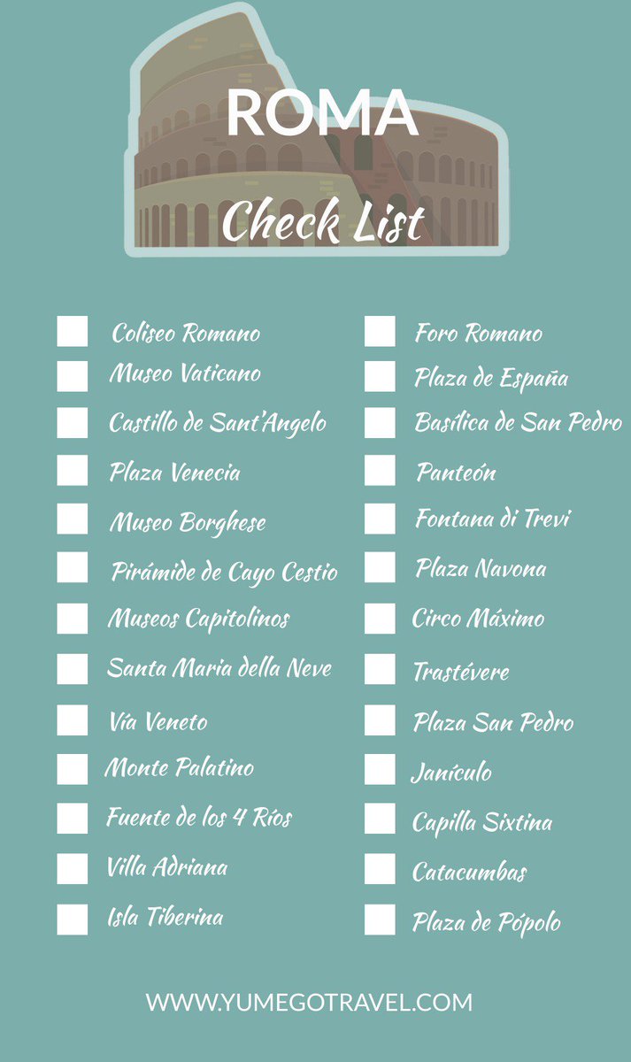 ¿Tienes pensado viajar a Roma? 🇮🇹

Te proponemos esta lista 📝de sus principales monumentos, puedes imprimirla y marcar los lugares que hayas visitado. ✅ 

¿Serás capaz de marcarlos todos? 😉