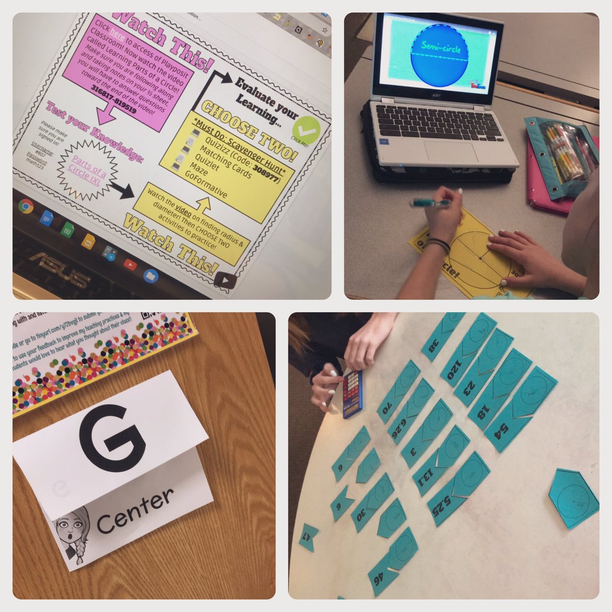 ms_hsquared's tweet photo. Learning about parts of a circle in #7thgrademathworksop! This might be one of my favorite lessons, my students were working harder than they have all year! 🤩 P.S check out all these awesome #techtools! #FCPSVanguard #blendedlearning https://t.co/aDIXdNW9CX
